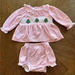 Cecil And Lou Pink Striped Set with Christmas Tree Smocking